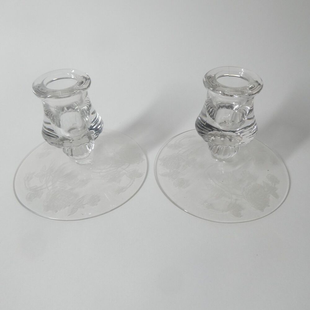 Pair of Heisey Rose Single Light Candlesticks - Clear Etched Glass Vintage